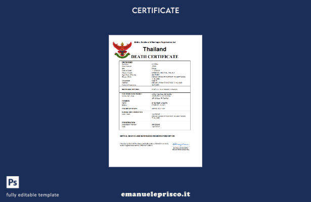 certificato di morte tailandese in stile verificato modello Word e PDF